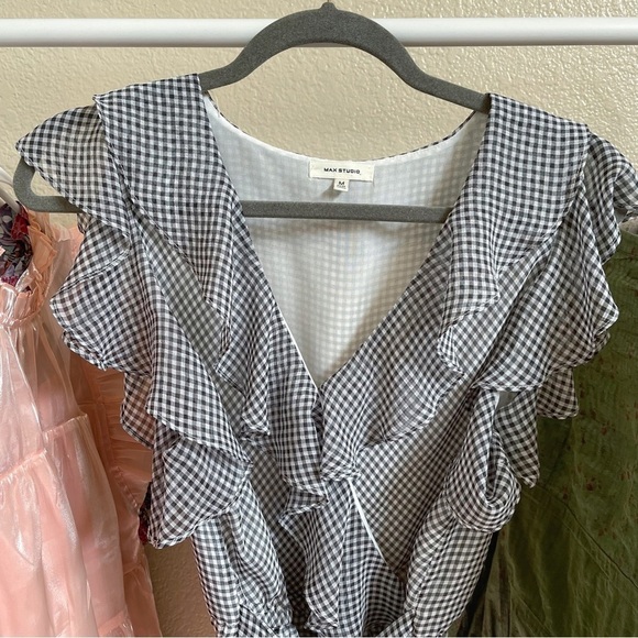 Max Studio Wrap Ruffle V neck checkered blouse - Picture 4 of 4